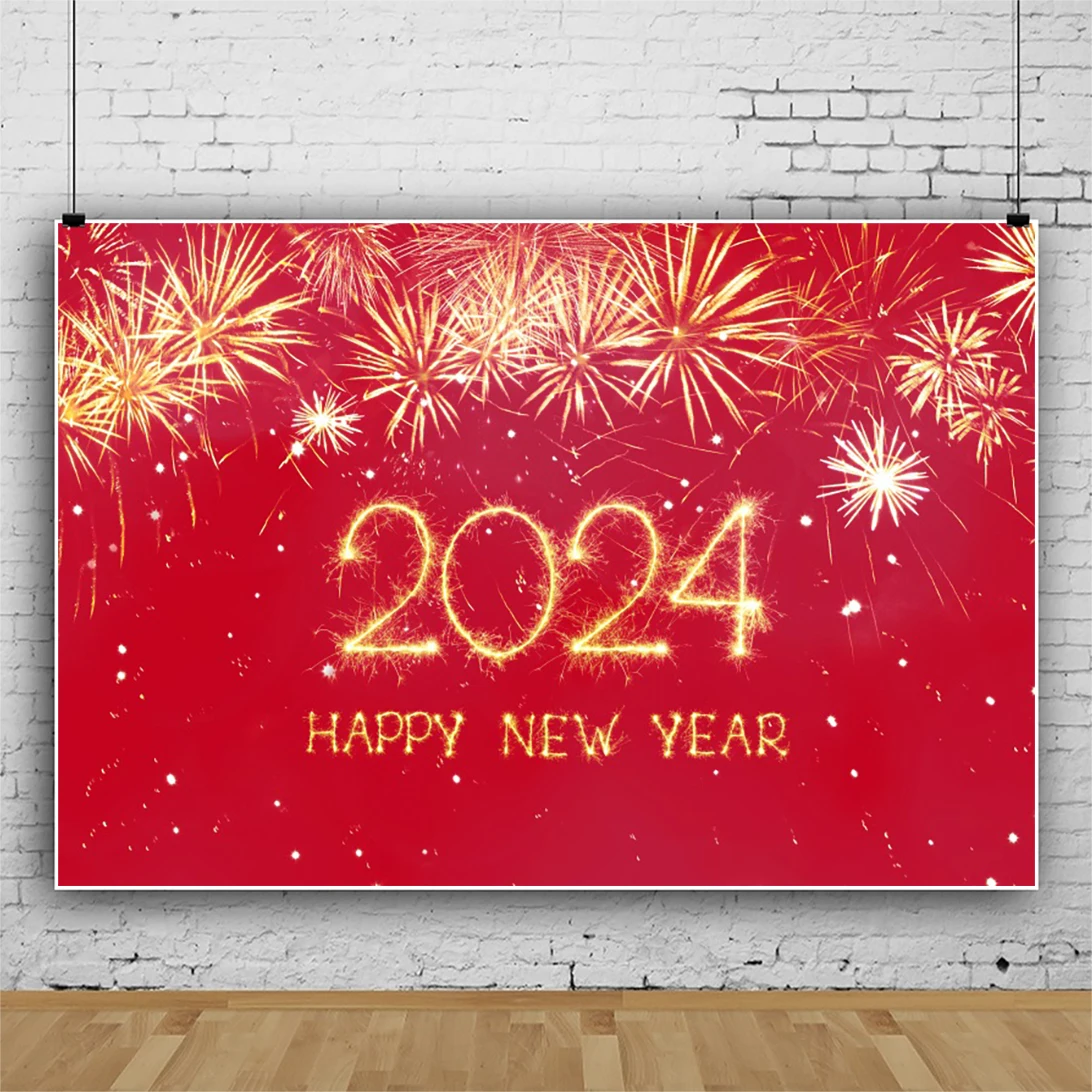 Gold Fireworks Happy New Year 2024 Photography Background Family Celebration Party Backdrops Red Banner Table Decor