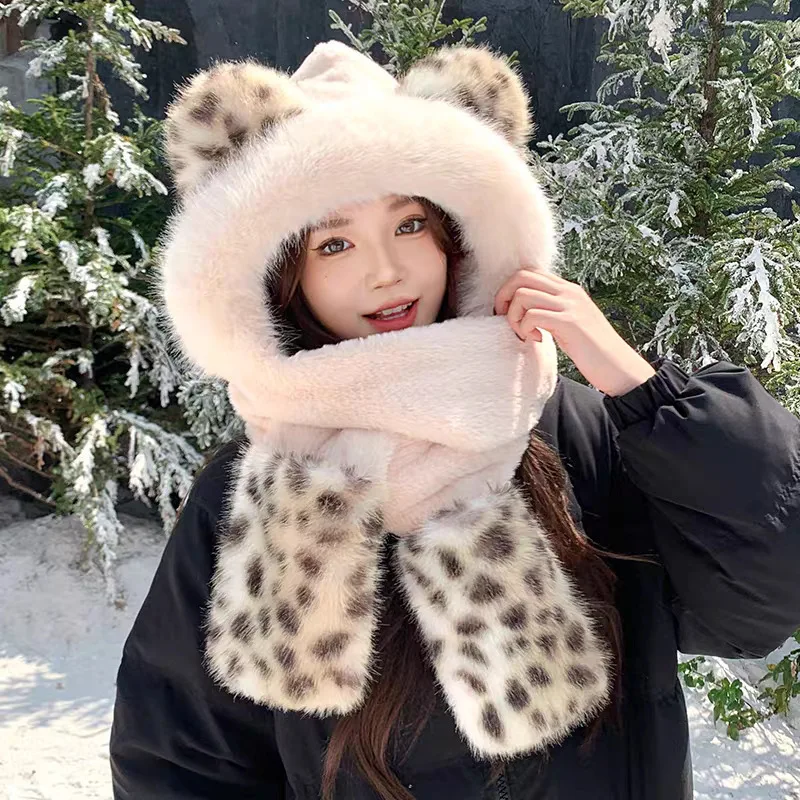 

Новый плюшевый женский зимний теплый узор с тигром, велосипедная шапка для защиты ушей, шарф, перчатки, встроенный универсальный комплект из трех предметов