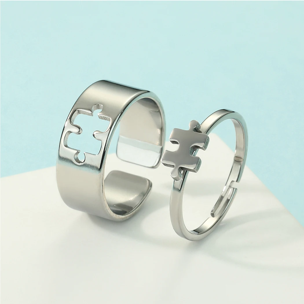 Chandler Stainless Steel Puzzle Promise Ring for Couple Jigsaw Jewelry His and Her Matching Ring Can Adjustable Ring