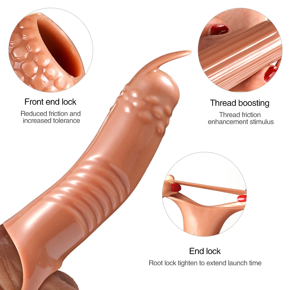 Silicone Realistic Penis Condom Reusable Penis Sleeve Rings Penis Cock Delay Ejaculation Dick Extender Enlarger Sex Toy For Men