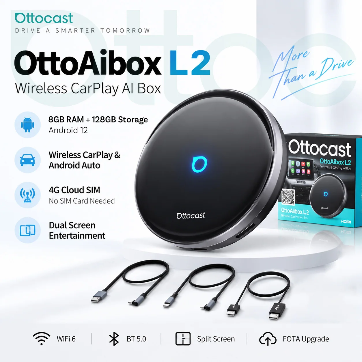 Ottocast L2 Android Car AI Box Kabelloser CarPlay-Adapter 8GB+128GB Android Auto Smart TV Box Dual-Screen HDMI ESIM für Benz