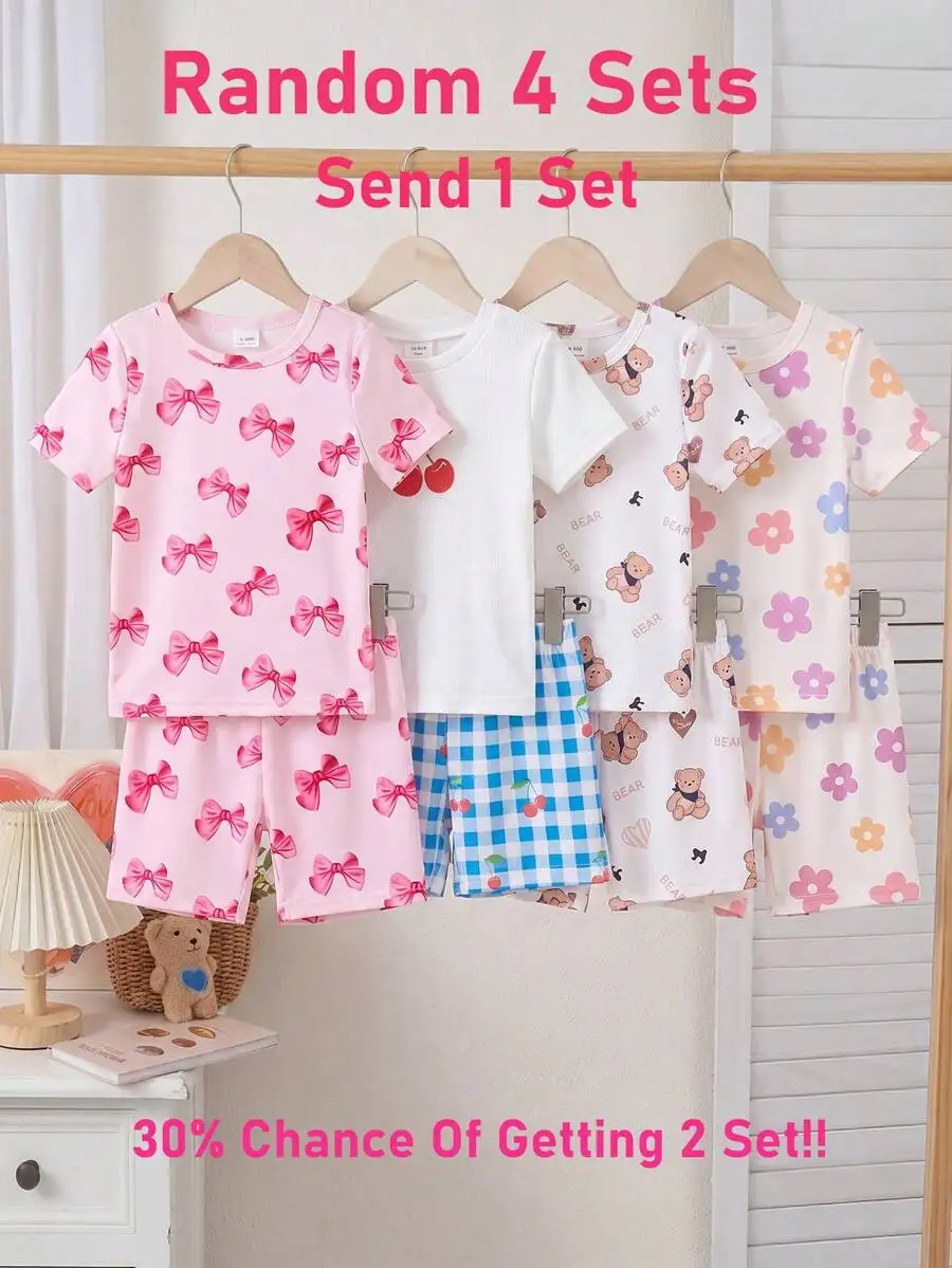 

4pcs Random Set Casual Snug Fit Round Neck Short Sleeve Shorts Pajamas For Spring Summer