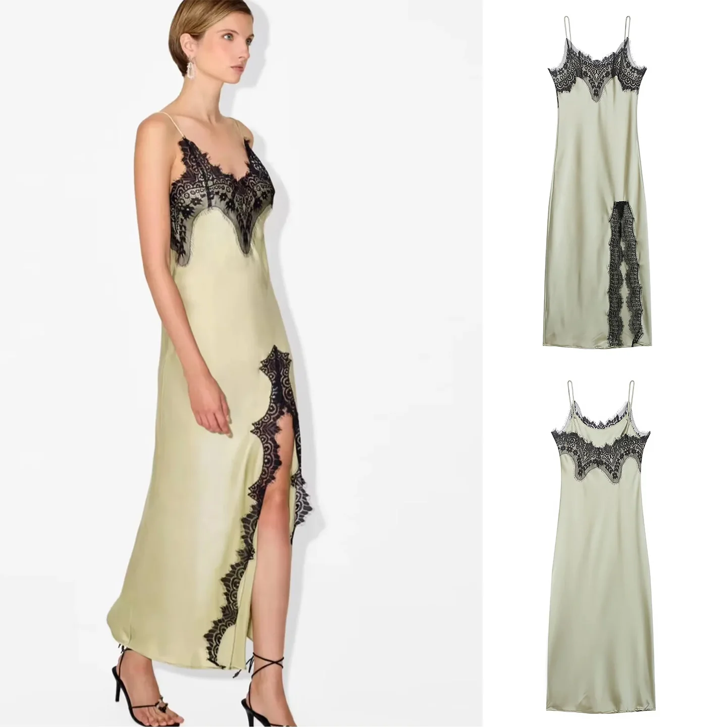 

Spring New Women's Sexy Side Split Color Blo Lace Trim Straight Tube Strap Long Dr V Neline Daily Wear Polyester Fiber
