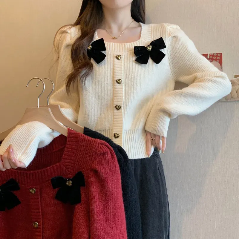 French Style Square Collar Sweaters Female Clothing Elegant Fashion Bow Autumn Winter Solid Color Basic Slim Knitted Jumpers New