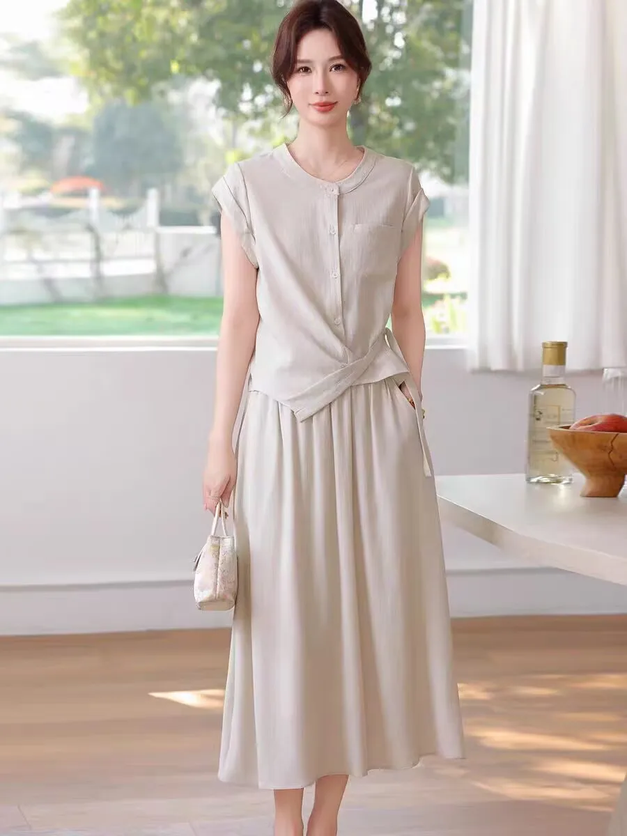 

New 2026 Mom Summer Fashion Short Sleeve T-Shirt Top Set Elegant Mid-Aged Women Skirt Mother's Day Clothes Breathable High Waist