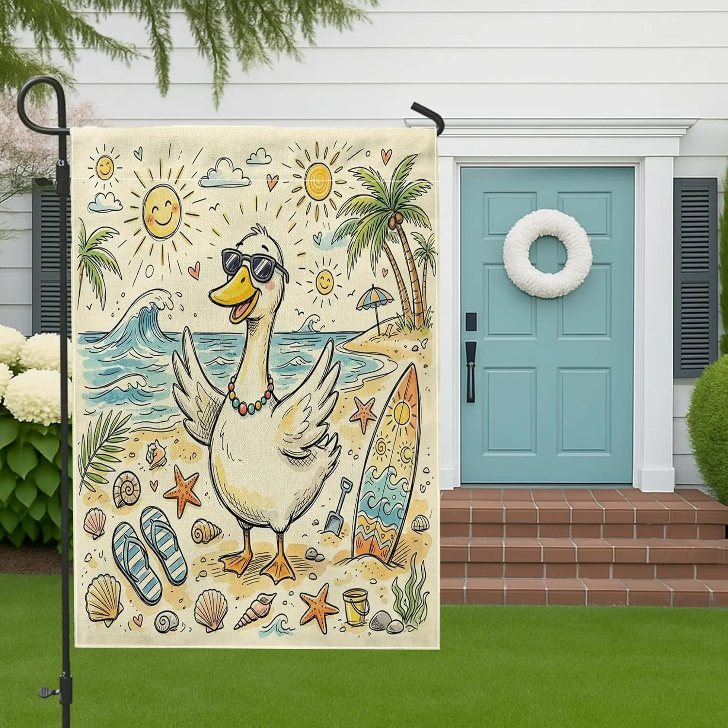 Cute Goose Garden Flags 12x18 Inch for Outside, Coastal Beach Shells Pattern Standard Linen House Flags, Animal Front Yard B jjp