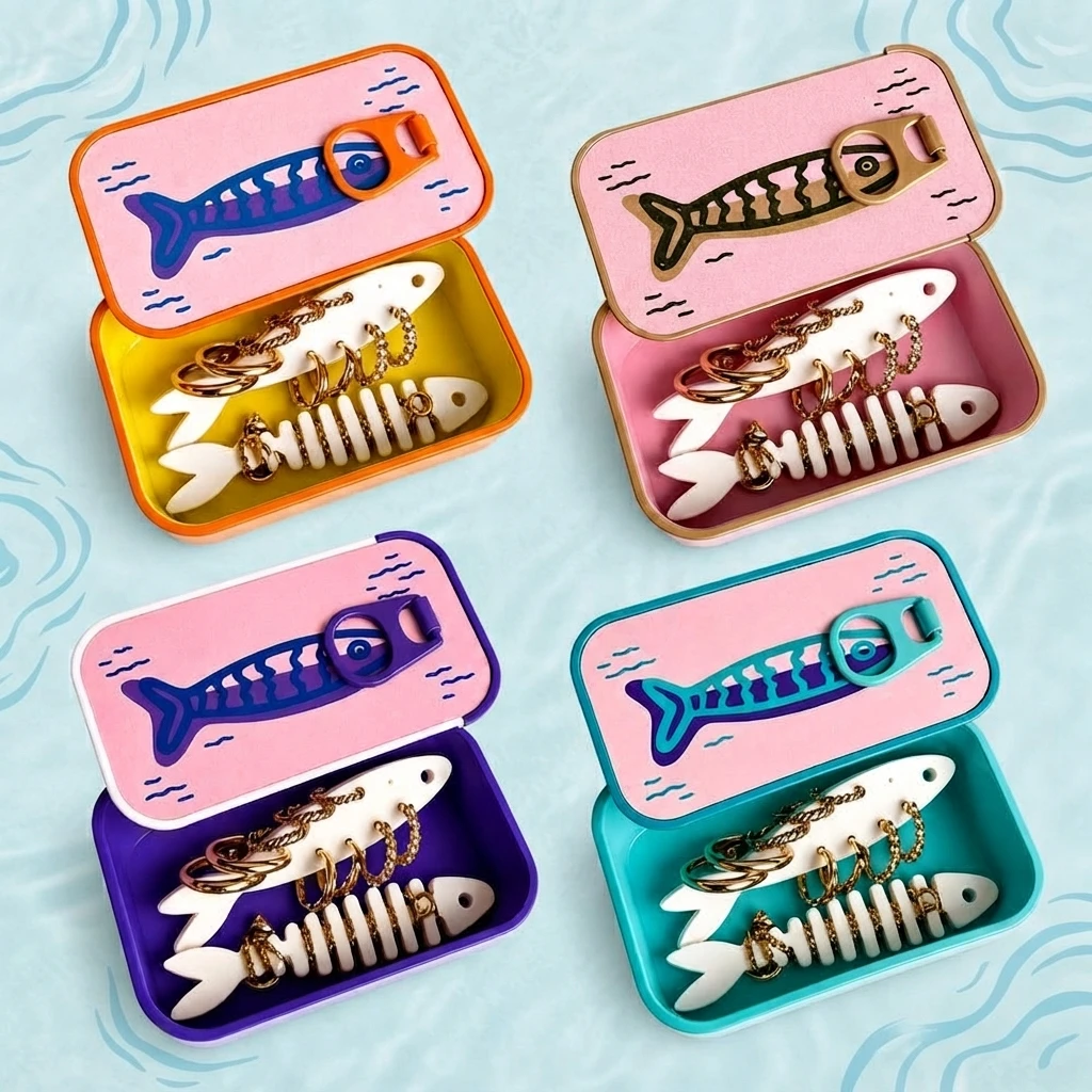 Plastic Sardine Jewelry Box 3D Printed Fishbone Insert Mini Jewelry Organizer Shockproof Shell Small Item Organizer Desk Storage