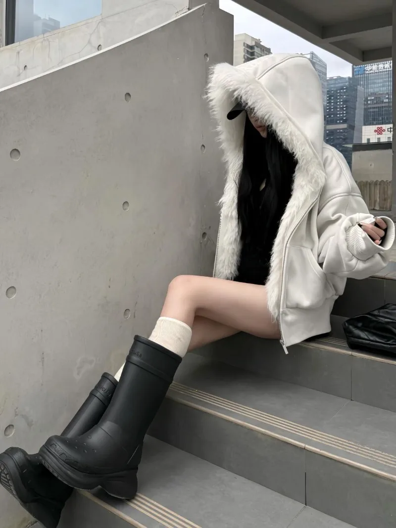 New Women's Fleece Jacket Y2K Aesthetic Hoodies with Zipper Fur Hooded Coat Winter Clothes Ladies Furry Outerwear Korean Style - view 4