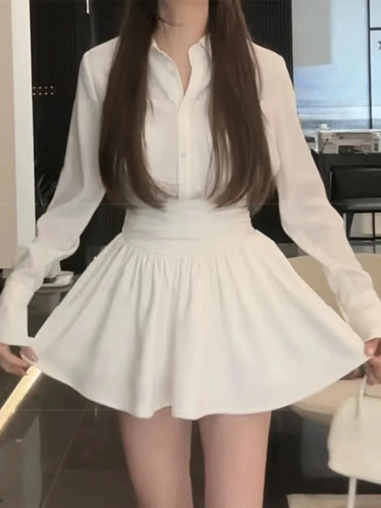 Vestido camisero blanco elegante para mujer, traje de oficina con línea A, Polo de una sola botonadura, vestido de una pieza, ocasión Formal