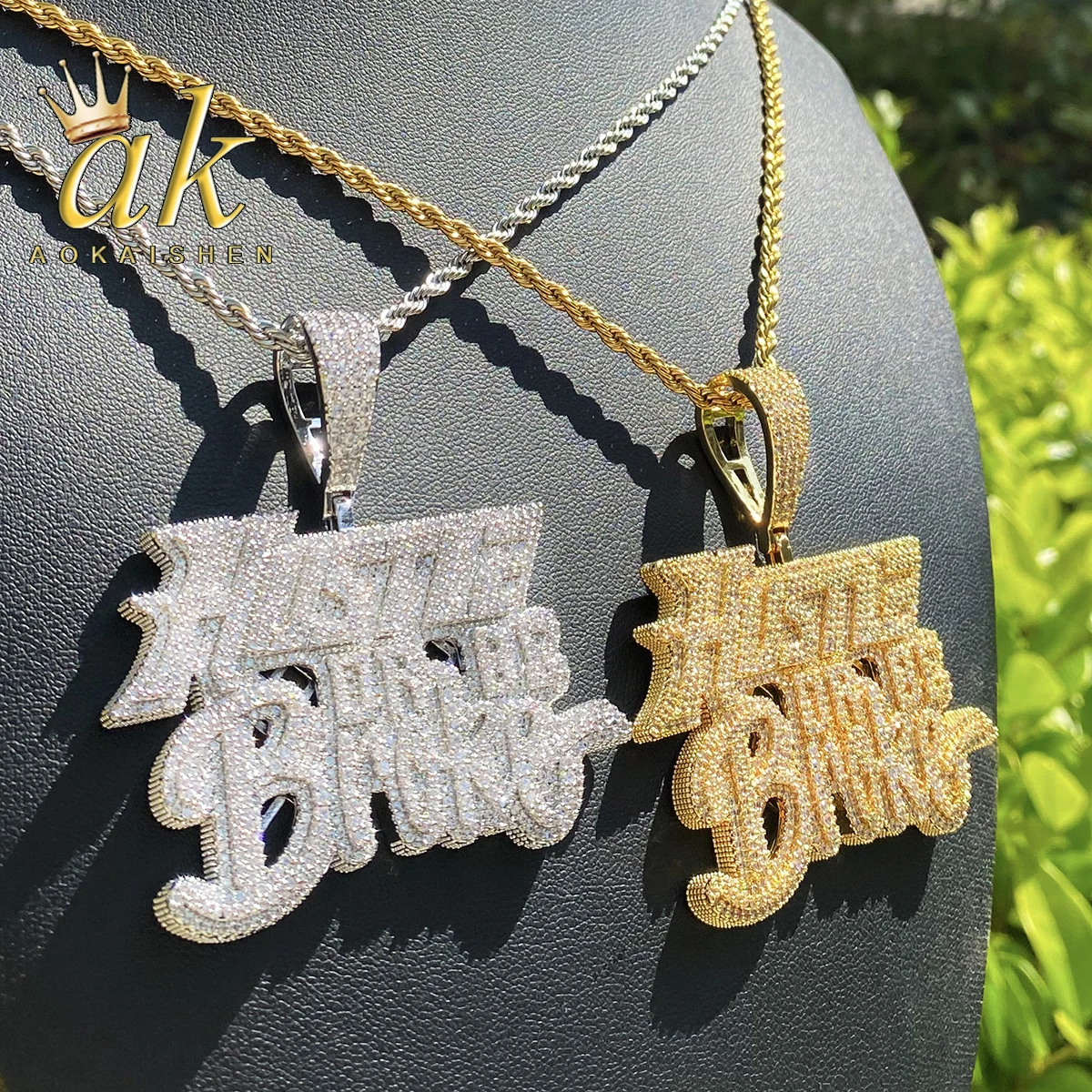 Aokaishen Iced Out Hustle Or Be Broke Necklace Pendant for Men Prong Setting Real Gold Plated Hip Hop Jewelry