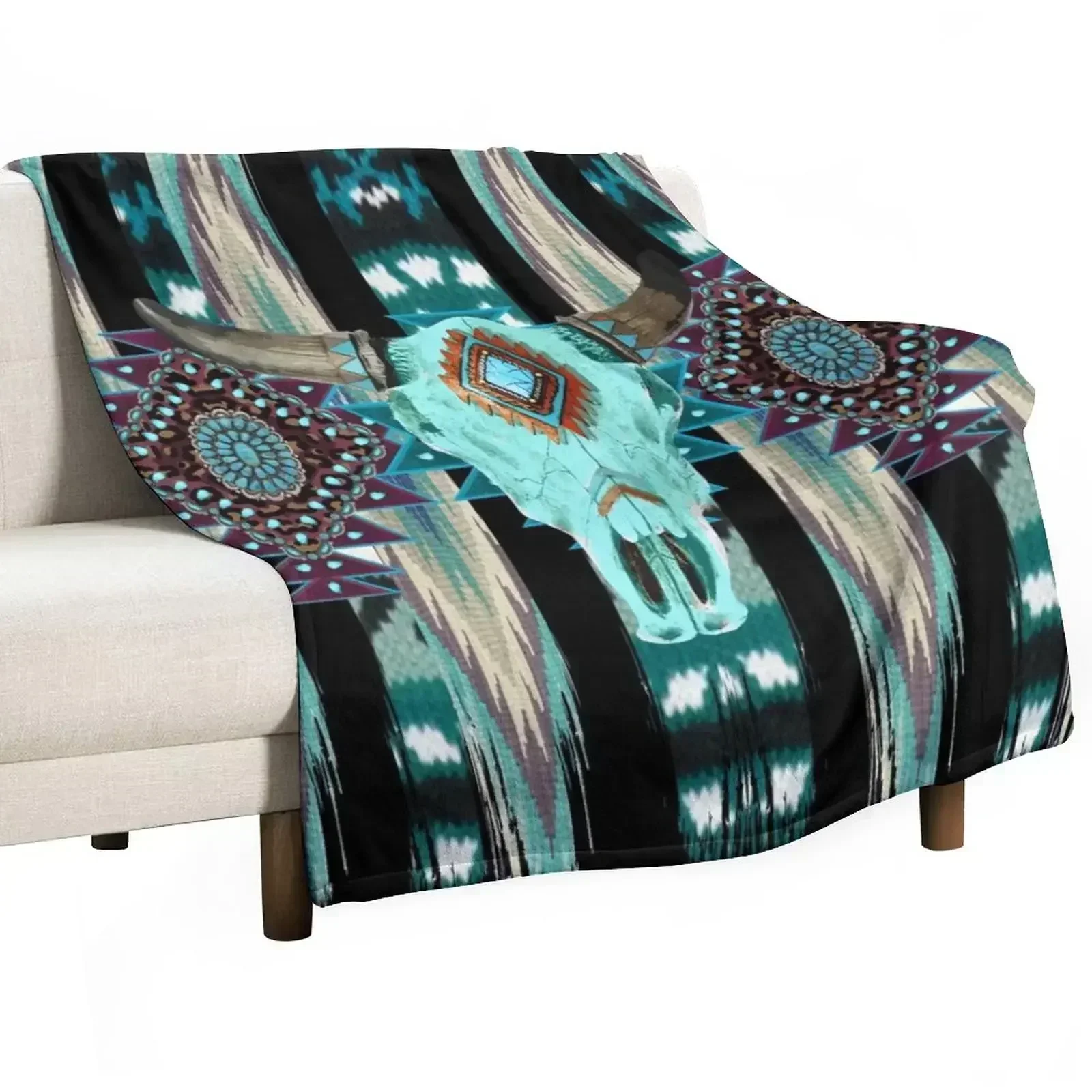 Tribal Design With Cow Scull - Turquois, Blue And Purple Brush Strokes Throw Blanket For Baby Polar Blankets