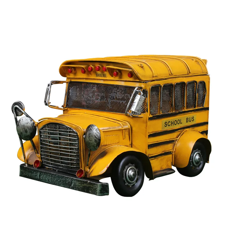 Retro Vintage Iron Bus Crafts Ornament Decoration America Car Model Antique Home Decor Retro Car Decoration Accessories