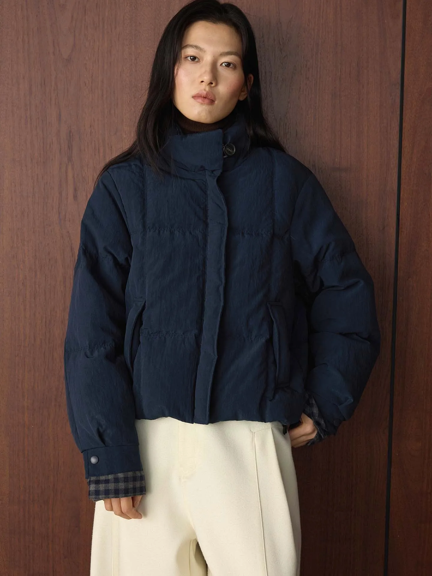 Retro Style Women's Quilted Jacket White Duck down Casual Warm Short Coat Checkered Pattern Contrast Color Leisure Commuting