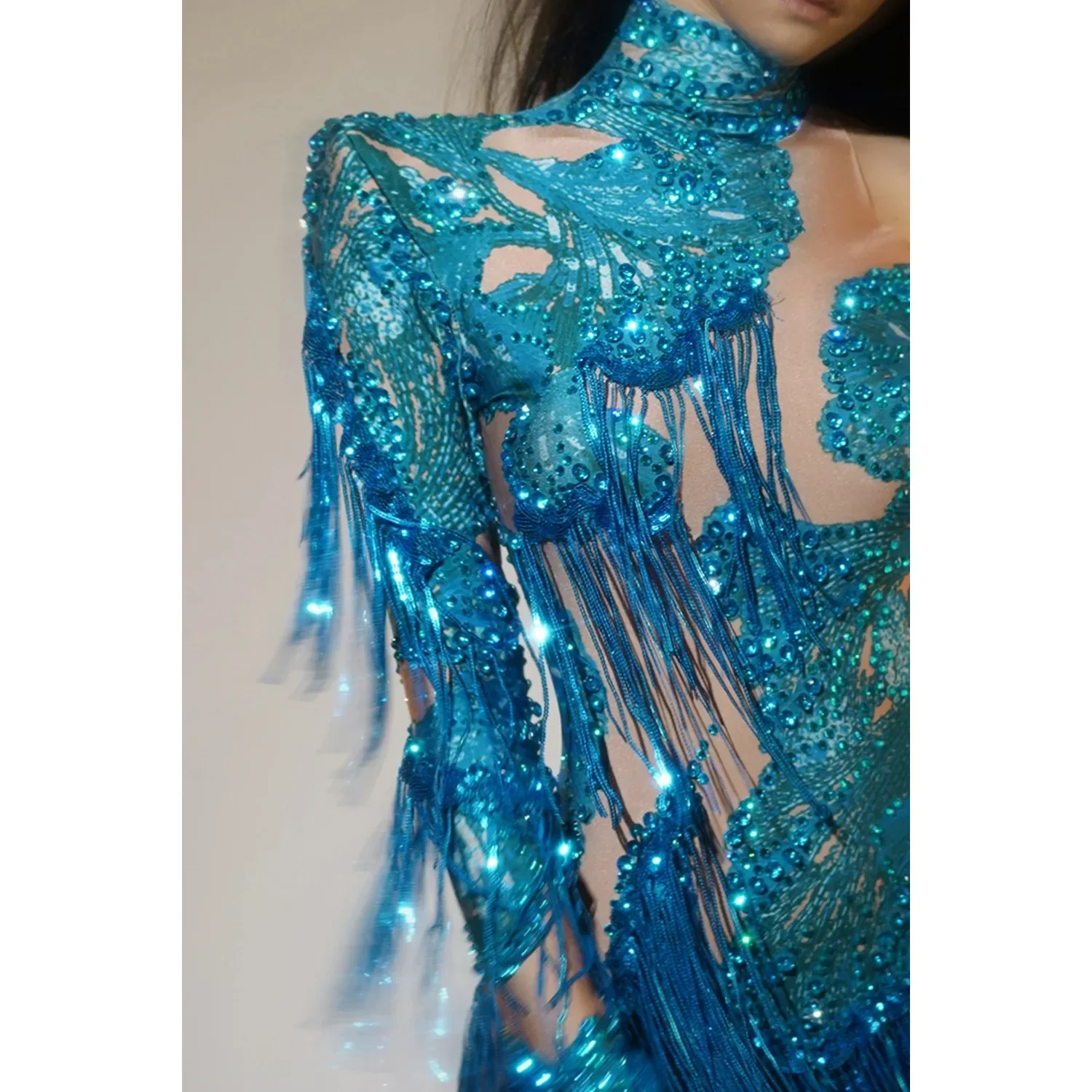 Sexy Skinny Leotard Singer Dancer Show Stage Wear Sparkly Blue Rhinestones Women Dance Costume  Fringes One Shoulder Bodysuit