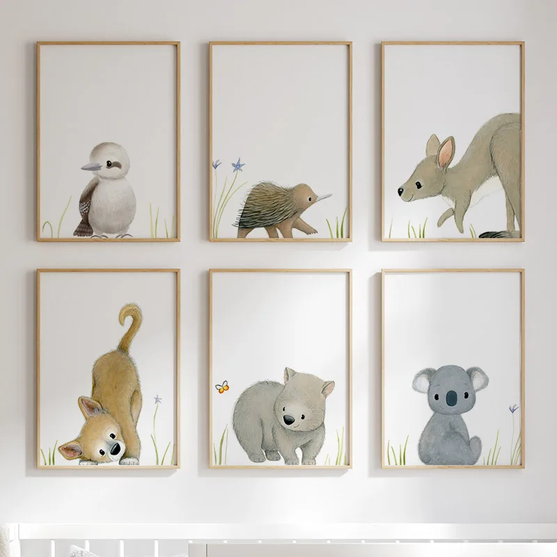 Australian Animals Nursery Wall Art Mural Koala Wombat Dingo Canvas Painting Poster Print Pictures Echidna Baby Kids Room Decor