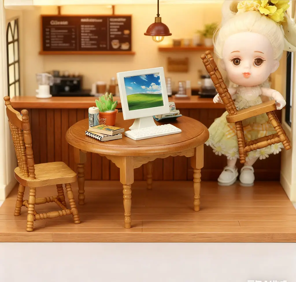 Mini móveis para casa de bonecas 1:12, mesa e cadeiras de madeira maciça castanha inspiradas por IA, decoração de mini cena de madeira para casa de bonecas