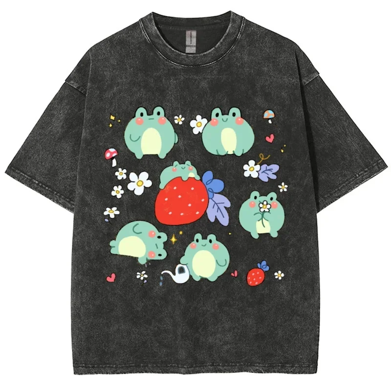 

Unisex Cute Frog Print T-Shirt,Women's Trend Campus Outfit, Retro Washed T-Shirt, Crew Neck Top, Hip Hop Loose Short Sleeve,2024