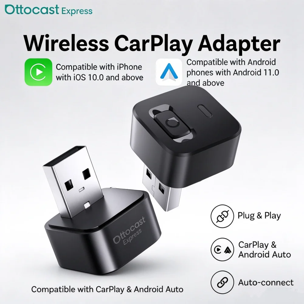 Ottocast Mini Dot 2 in 1 Wireless Adapter Wireless Carplay Android Auto Fast Connect USB Dongle for Benz Audi Toyota