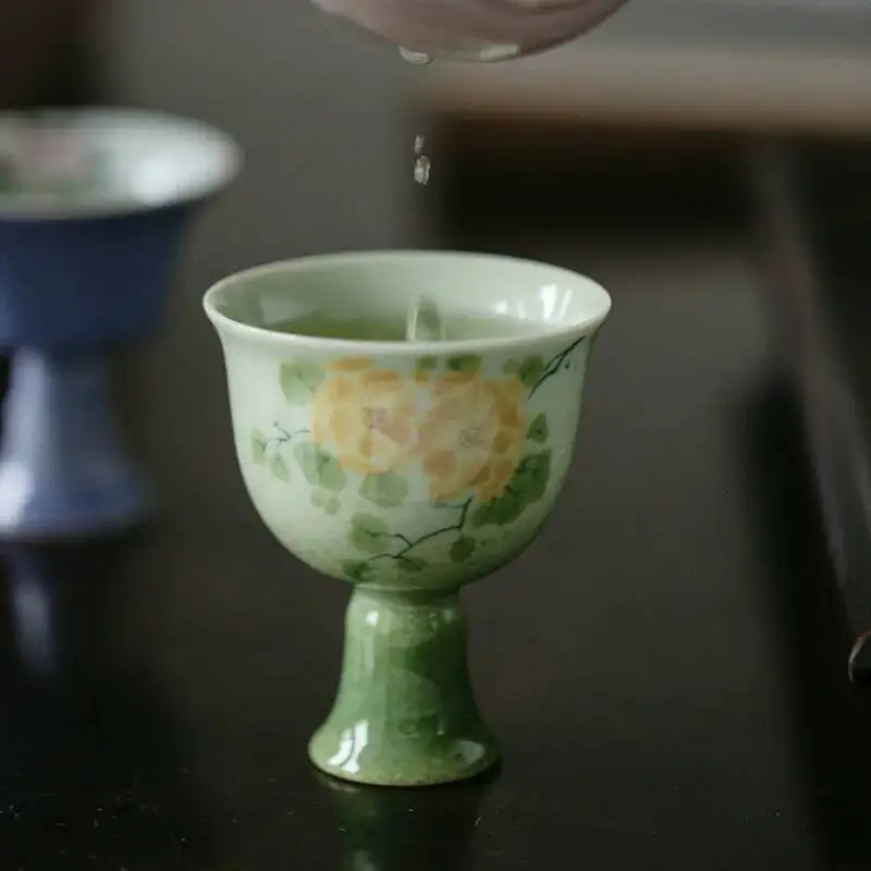 Wuyintang jingdezhen Fruit Green Underglaze Hand Painted Clustered High Footed Master Handmade Ceramic Tea Tasting Cup