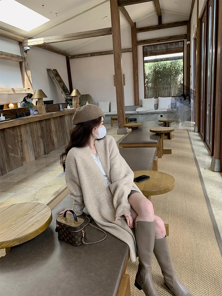 

Женский вязаный кардиган средней длины Thiened, осенний сезон, однотонное пальто для поездок на работу, длинное све, с открытой грудью