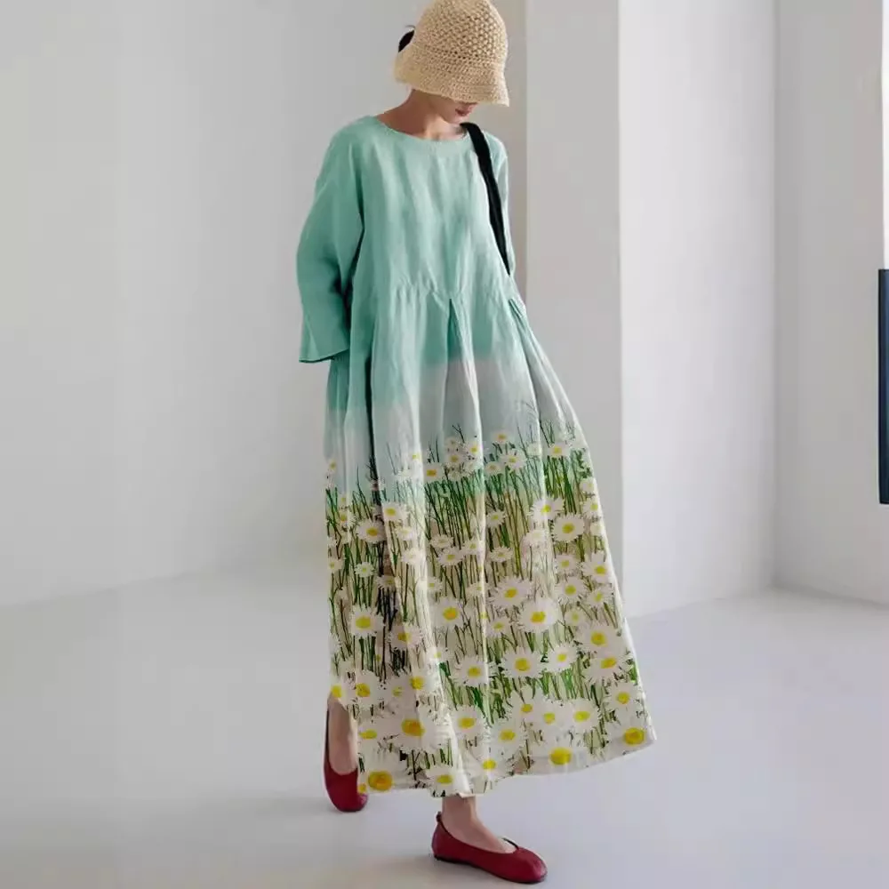 

Print Dress Women Long Sleeve Dresses O Neck Loose Maxi A Line Casual Vestidos Pockets Summer 2025 Ankle Length Slight Strech