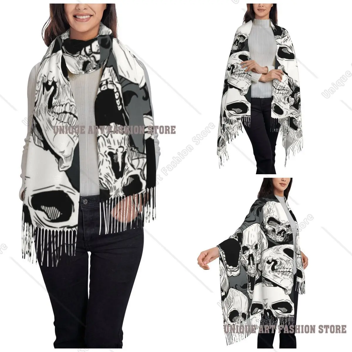 Womens Tassel Scarf Death Skull Gothic Large Soft Warm Shawl Wrap Halloween Cartoon Gifts Pashmina Scarves