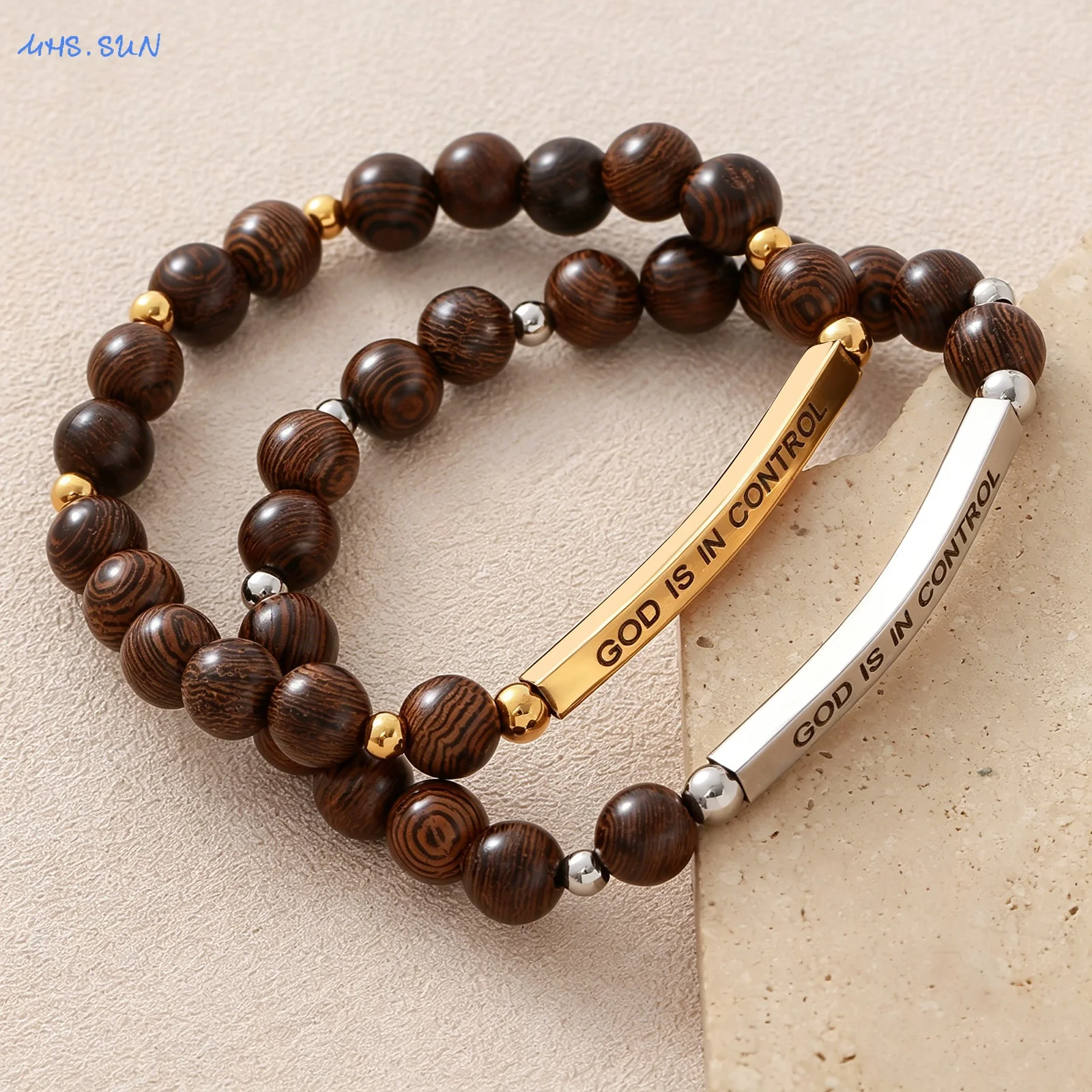 MHS.SUN Wood Beads Elastic Bracelets for Women Men Stainless Steel Bead GOD IS IN CONTROL Inspirational Bracelet Jewelry