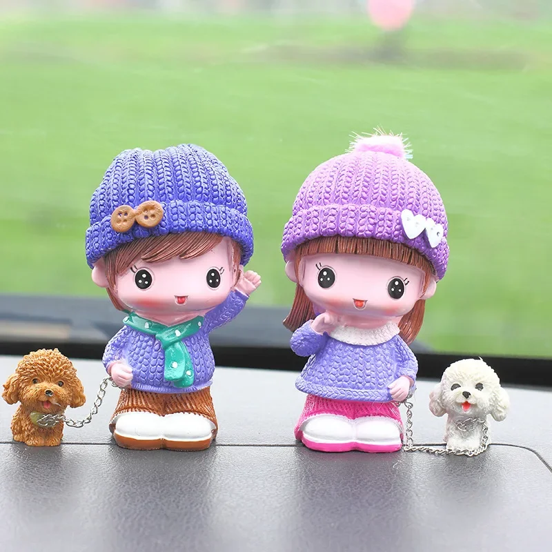 Hot Cartoon Creative Scarf Couple Leading Dog Walking Dog Doll Cute Car Decoration Action Figures Hobby Collectibles Gifts Girls