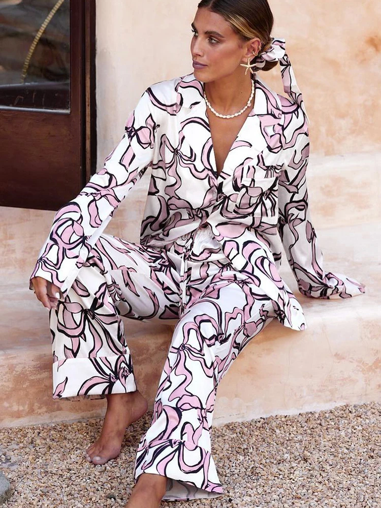 

Hiloc Fashion Pajamas For Women 3 Piece Sets Print Long Sleeve Sleepwear Female Loose Trouser Suits Autumn Casual Homewear