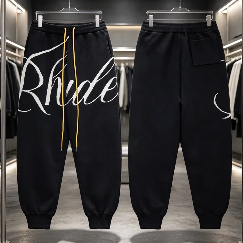 High Street Draped Loose Rhude Sweatpants Contrast Drawstring Jacquard Knit Unisex Casual Pants