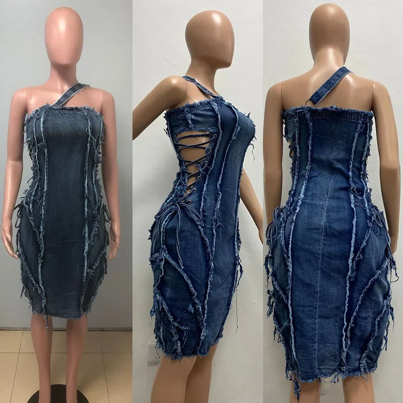 Sexy One Shoulder Tassel Denim Dress for Women Elegant Club Party Birthday Strapless Sleeveless Knee-length Midi Dresses Jeans