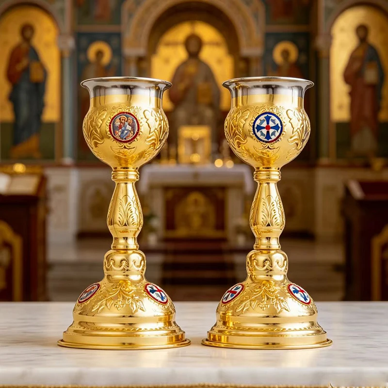 New Gold Plated Orthodox Chalice Set with Enamel Icon Accents Communion Kit for Church Altar Priest Liturgical Religious Service