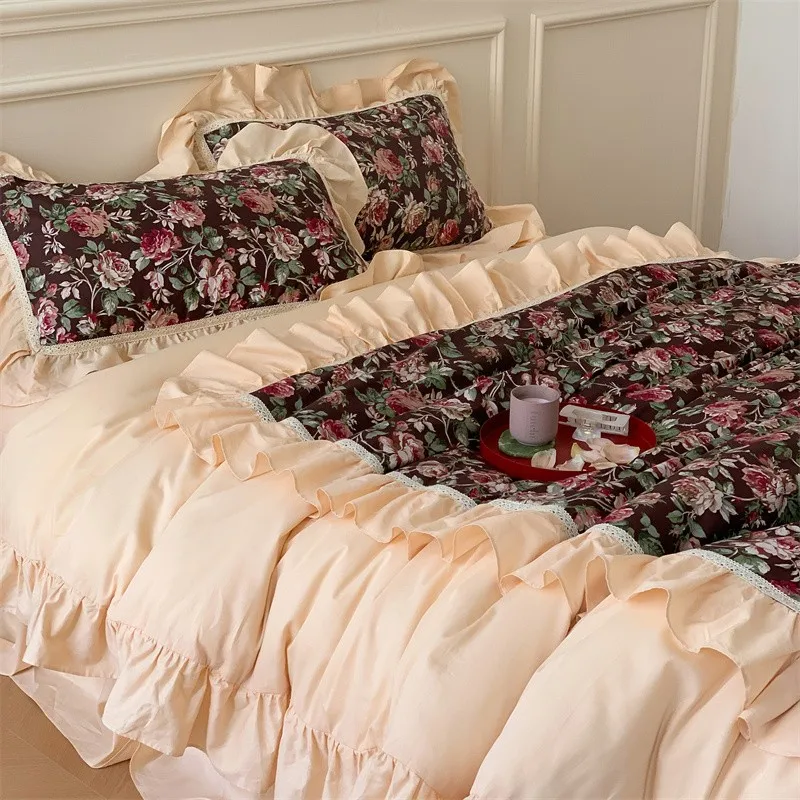 Vintage Floral Patchwork Ruffle Duvet Cover Set Women Girls 100%Cotton  Queen King Bedding 1Duvet Cover 1Bedskirt 2pillowcases