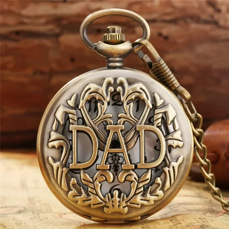 

Bronze Hollow Out Cover DAD Design Men's Antique Quartz Analog Pocket Watch with Sweater Fob Chain Ideal Present To Father