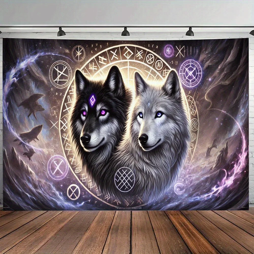 VIKAMA misterioso doble lobo runa cielo estrellado tapiz elfo púrpura ojos de lobo azul tótem de fantasía decoración de la sala de estar