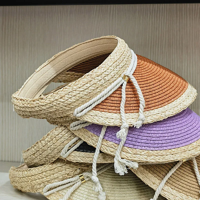 6 Color Straw Visor Hat Cord Band Sun Cap Sunshiny Holiday Beach Cap Women Girl Two Tones Patchwork Summer Cap Free Size