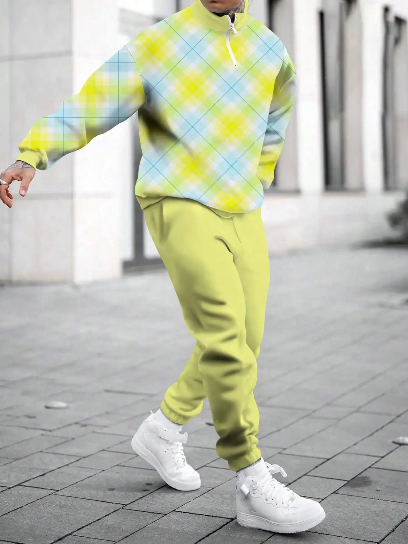 

Мужской пуловер на молнии до середины груди с геометрическим принтом в виде сетки, лаймовый и небесно-голубой, повседневный спортивный комплект