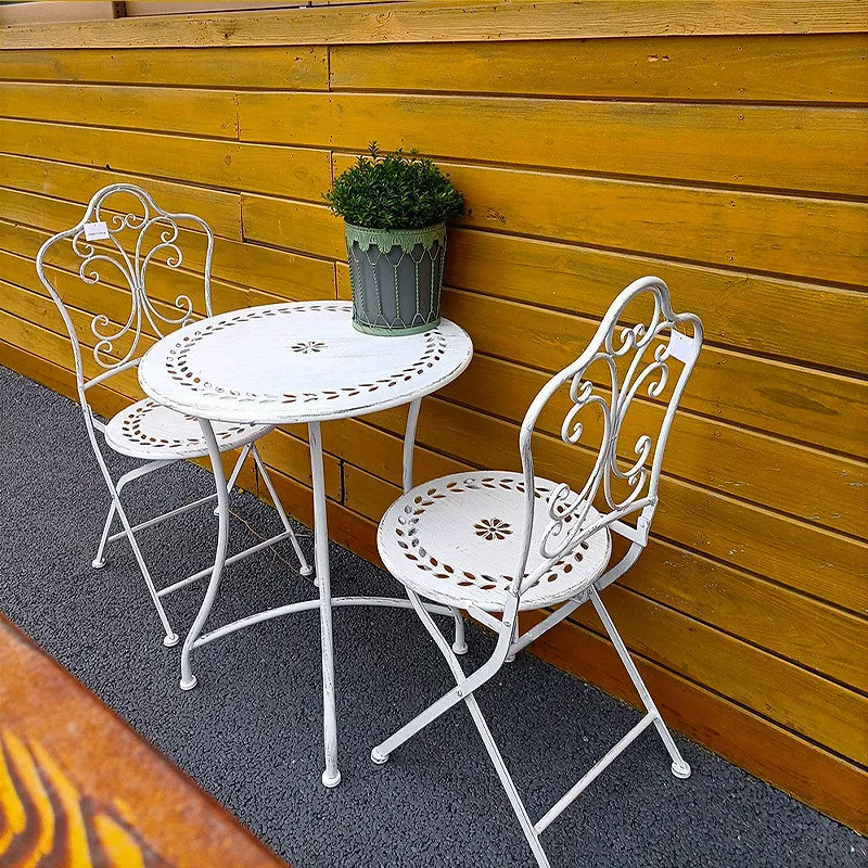 French Country Iron Table and Chairs Outdoor Patio Furniture for Garden White Metal Backrest Seat Balcony Rustic Garden Chairs image 5