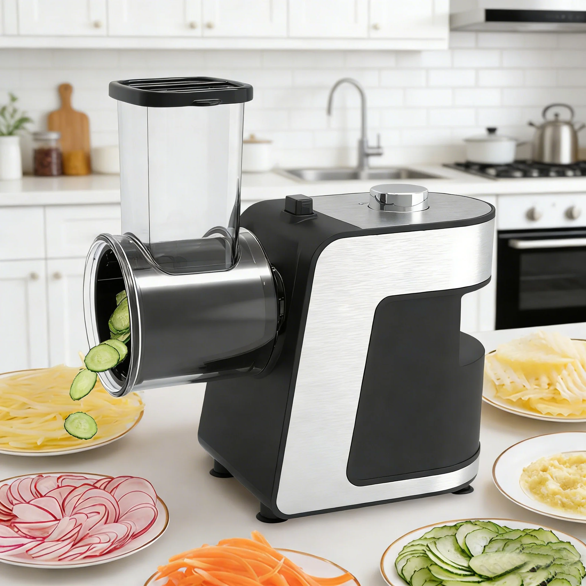 Cortadora de Verduras Eléctrica Doméstica de 1000W con 5 Cuchillas de Acero Inoxidable, Rallador de Queso, Rebanadora de Alimentos, Trituradora