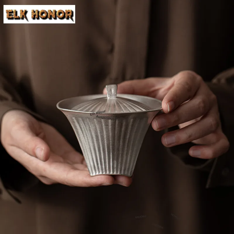 ZAEYORIA 80ml Handmade Gilded Silver Triangular Gaiwan Zen Tea Tureen Tea Bowl With Lid Kit Tea Maker Cover Bowl Cha Collection