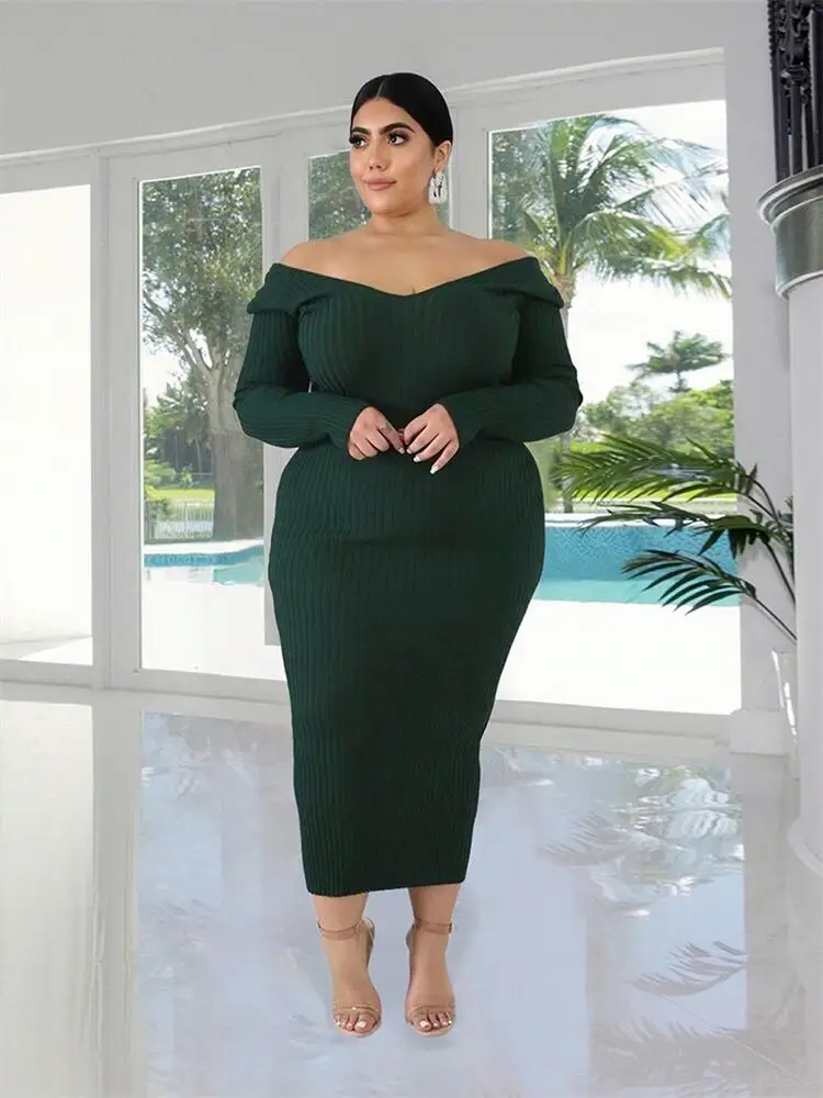 Ladies Knitted Sweater Dress Midi Dress Long Sleeves Chic and Elegant Plus Size Dresses for Women 4xl 5xl Wholesale Dropshipping