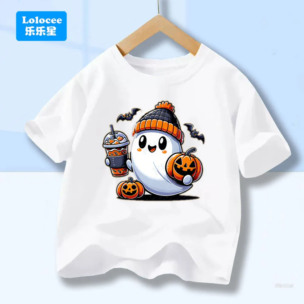 

Lolocee Unisex Kids Halloween T - Shirt Cute Ghost & Pumpkin Print Short Sleeve Top Tee Summer Boy Girl Party Clothes