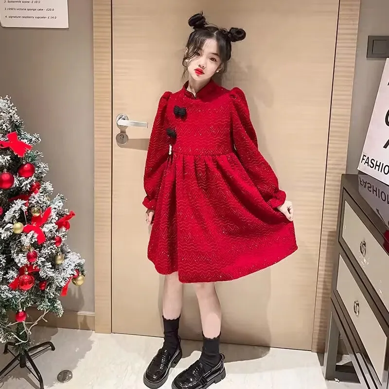 2024 autumn winter Kids Girls solid retro red Cheongsam Qipao Princess Teens New Year Dresses wool velvet Clothes 8 10 12 year