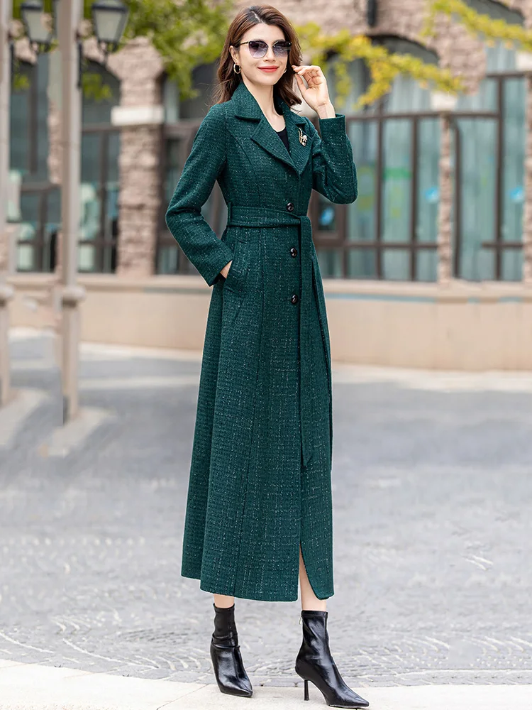 New Women Autumn Winter Green  Bright Silk Woolen Overcoat Fashion Turn-down Single Breasted Slim Wool Blended Coat With Belt