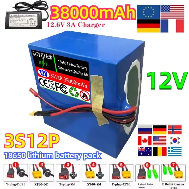 12V 38Ah, 3S12P Battery 12.6V, 38000MAh, BMSLED, Speaker Tool, Toy Car, Lithium Ion Battery 18650, Rechargeable Battery