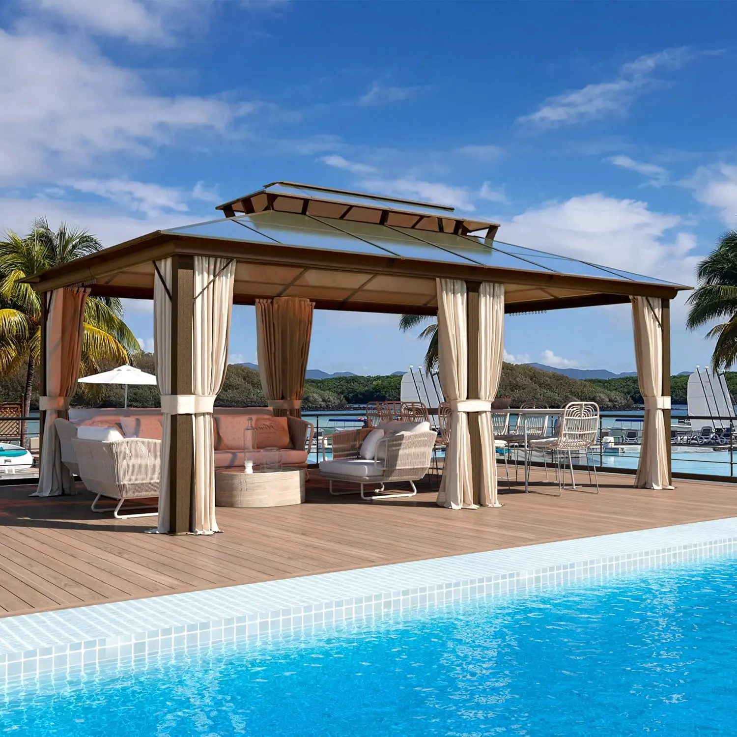 

12'x20' Hardtop Gazebo, Outdoor Polycarbonate Double Roof Canopy, Aluminum Frame Permanent Pavilion with Curtains and