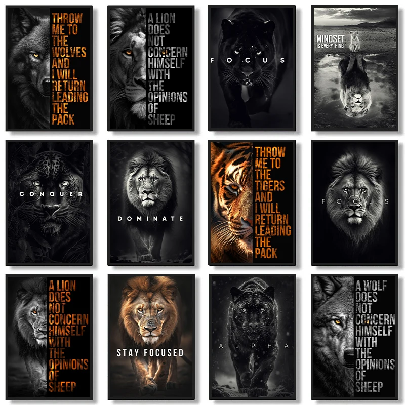 Black and White Beast Poster and Picture Inspiration Text Tiger Lion Leopard Canvas Painting Predator Wall Art Alpha Home Decor