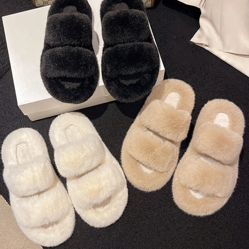 ผู้หญิงรองเท้าแตะปุย COZY Comfy เปิดนิ้วเท้ารองเท้าแตะ Soft Plush สองแถบสไลด์ Anti-Skid ในร่มกลางแจ้งบ้านห้องนอน