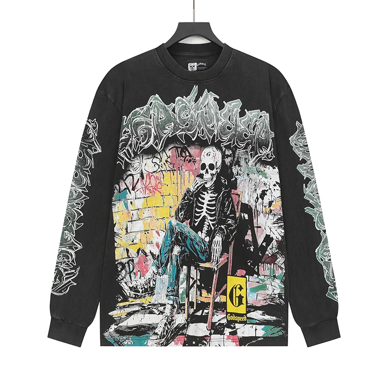 

Мужская футболка Godspeed High Street Trend Brand Godspeed с длинными рукавами, повседневная стираная футболка с рисунком старого черепа и логотипом