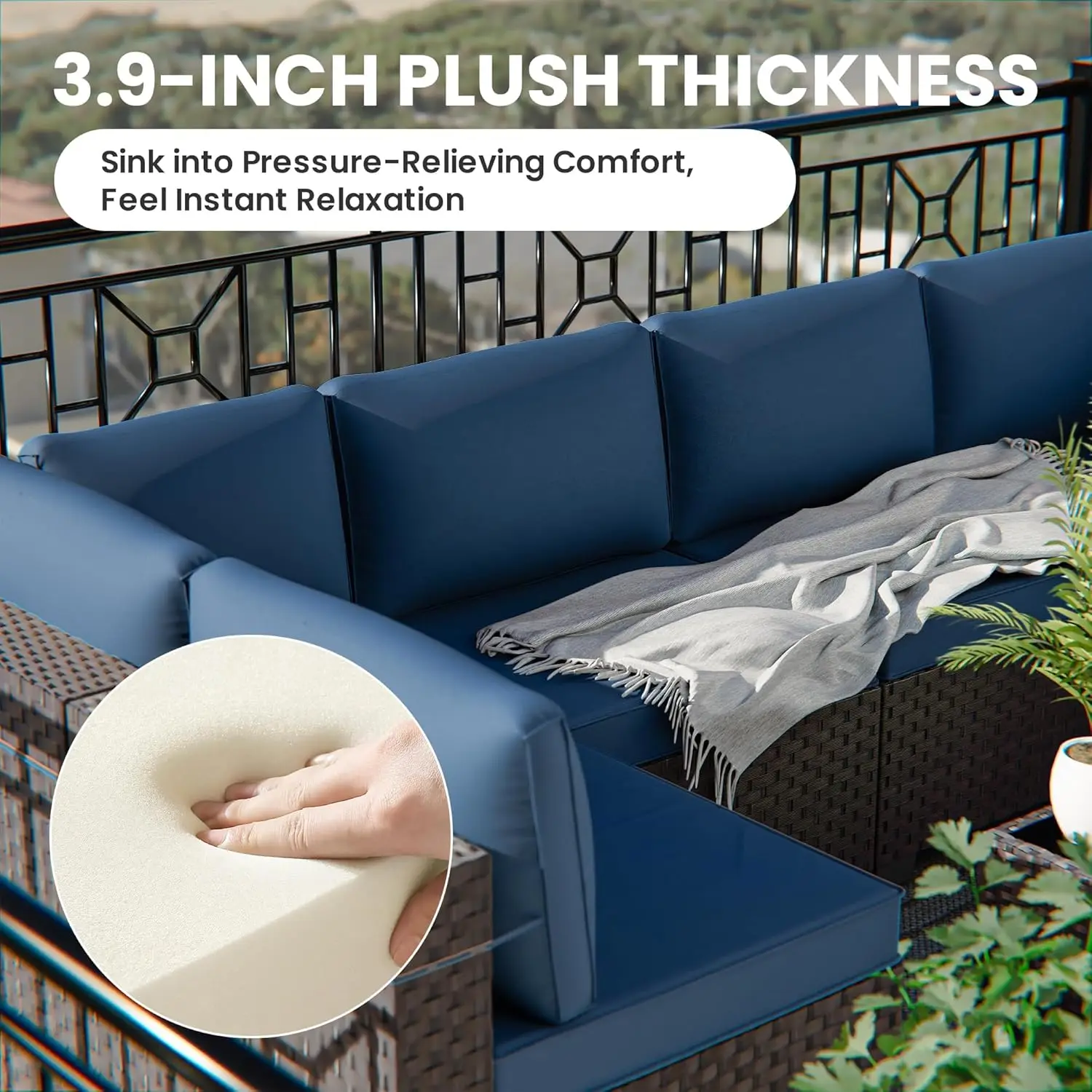 7 Pieces Outdoor Patio Sectional Sofa Set All Weather PE Rattan with Coffee Table & 6 Cushions Navy Blue, Customized